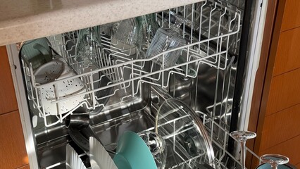Dishwasher finished cycle clean glasses mugs cups real UGC top view  kitchen appliance laundry home...