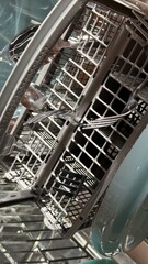 Fototapeta premium Dishwasher finished cycle clean dishes top view copy space mockup template kitchen appliance laundry commercial photography studio shot steam utensils plates household cleaning complete