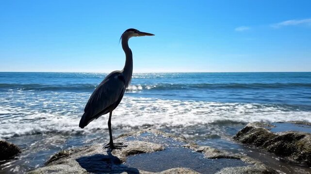A magnificent wading bird stands majestically on a sun-drenched rocky coastline, silhouetted against the vast expanse of a clear, brilliant blue sky and the sparkling ocean. Gentle waves lap at the sh