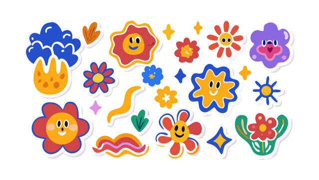 Set of abstract flowers and shapes. Vector sticker pack. Collection of contemporary figure, funny flower, bubble, cloud, loop, wavy and spiral elements. Trendy 70s, 90s 00s groovy cartoon style. .icon