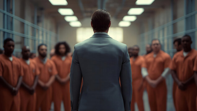 A tense moment in a prison setting, depicting the dynamics between authority and inmates in a thought-provoking manner.