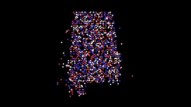 Alabama map animation in 4K 60fps. Patriotic 3D red white and blue spheres forming the state shape. Transparent background ProRes video for election news and voting projects.