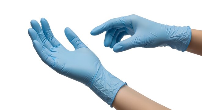 Pair of blue nitrile examination gloves on person's hands