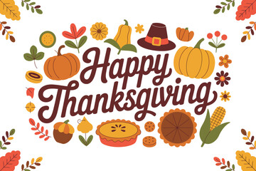 Festive "Happy Thanksgiving" greeting surrounded by autumn harvest symbols and decorative leaves