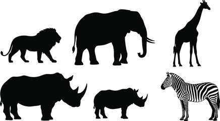Collection of black silhouettes of African safari animals including lion, elephant, giraffe, rhinoceros and zebra isolated on white background, vector. © Rowshan