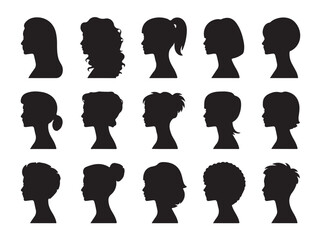 Woman and girl head silhouettes set with different hairstyles vector illustration, collection of diverse female profiles on transparent background