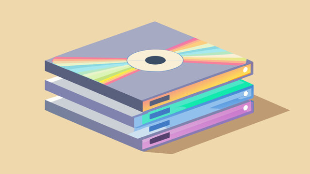 Stack of colorful CD covers with abstract designs and a central disc, arranged neatly on a light beige background, showcasing vibrant colors and geometric patterns