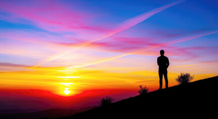 Obraz premium Serene sunset silhouette of a man on a hill