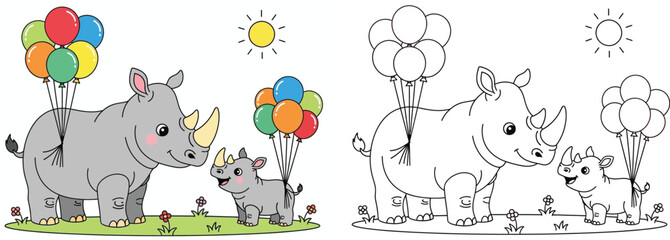 Adorable Black and White Coloring Page and Vector Illustration of a Baby Rhino Family with Balloons for Children's Education and Nursery Art © AbuNazam