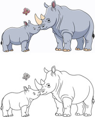 Adorable Cartoon of a Rhino Mother and Baby Touching Noses Kids' Black and White Coloring Page with Vector Illustration