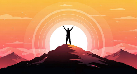 Fototapeta premium Triumphant silhouette on mountain peak at sunset
