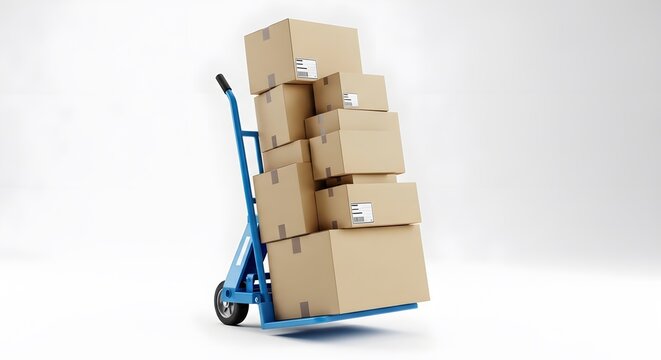 Stacked cardboard packages on blue hand truck with labels isolated on