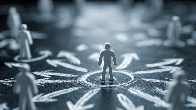 Conceptual image of a central figure surrounded by directional arrows pointing outward symbolizing leadership choices and decision-making pathways in business and li