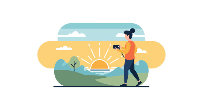 A flat design illustration of a woman vlogging or taking a selfie with a smartphone while walking in a park at sunrise.