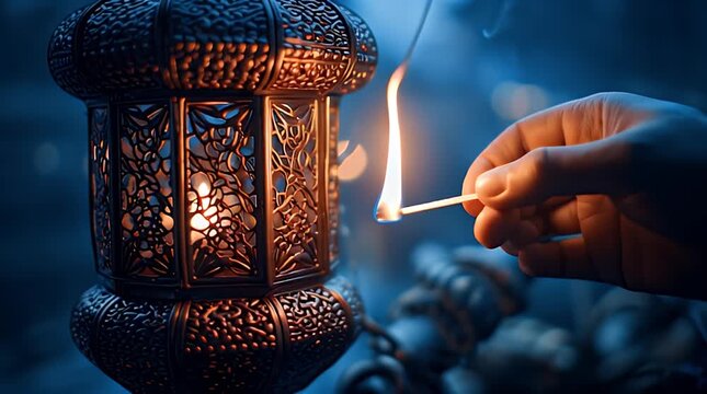 Hand Lighting Traditional Lantern with Matchstick.