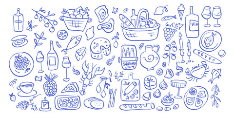 Imperfect hand drawn Mediterranean food doodle set. Blue ink sketch of wine, cheese, seafood and olives. Chaotic line art illustration for restaurant menu or recipe. © LanaSham