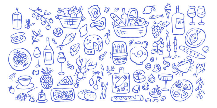 Imperfect hand drawn Mediterranean food doodle set. Blue ink sketch of wine, cheese, seafood and olives. Chaotic line art illustration for restaurant menu or recipe.