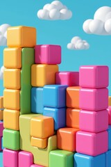 Fototapeta premium Colorful 3D blocks stacked against a bright blue sky with fluffy white clouds, resembling a playful and vibrant cityscape or puzzle game.