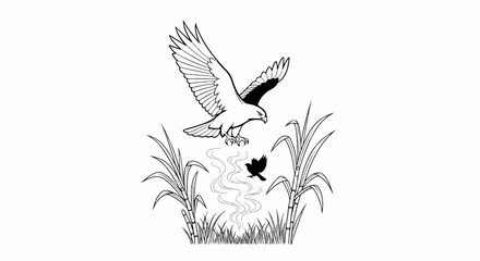 Fototapeta premium An eagle swoops down towards a small bird amidst tall reeds and wavy patterns