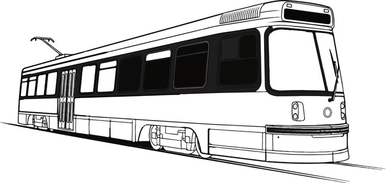 An artistic line drawing of a modern electric tram on tracks, with large windows and roof pantograph