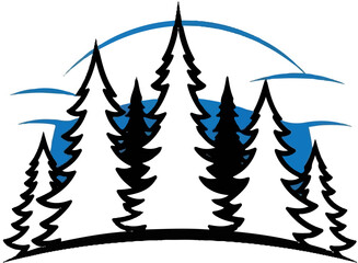 Obraz premium Abstract graphic of pine trees against a blue sky horizon