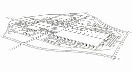 Fototapeta premium Aerial perspective sketch of a large industrial manufacturing complex with multiple buildings and parking lots