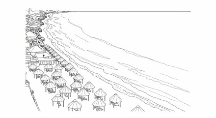 Aerial view sketch of a beach resort with many thatched umbrellas
