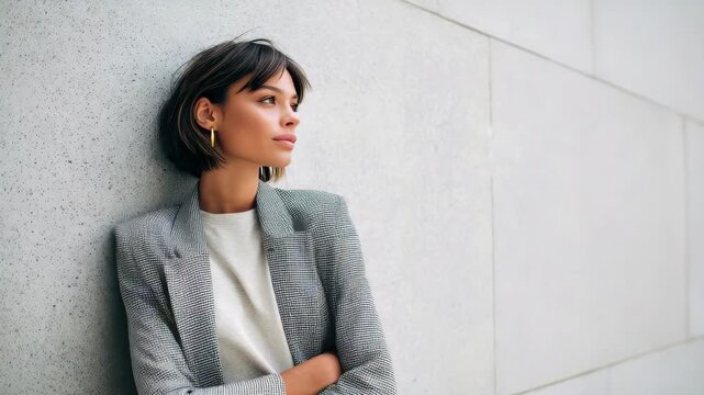 Confident businesswoman in a stylish grey blazer leans against a textured wall outdoors