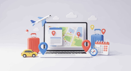 A travel planner displays a map with pins, plane, luggage, car, compass, and calendar