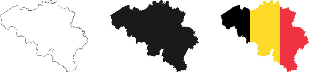 Obraz premium Belgium map icon set. Belgium map signs - outline, solid and Belgian national flag. Vector.