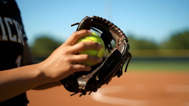 Close-up of a baseball player's hand holding a softball and glove on a field with a blurred background.