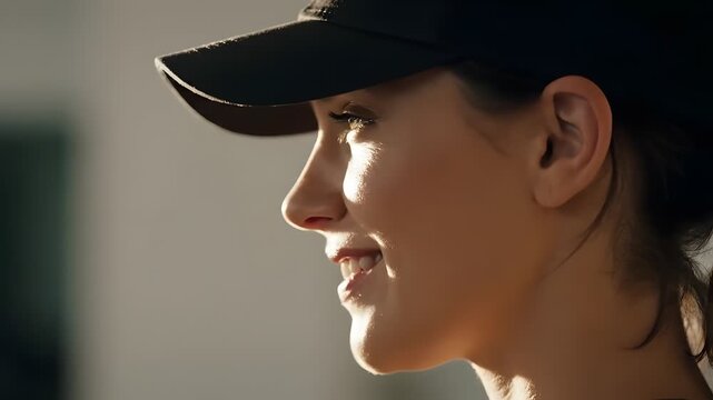 Close-up profile shot of a young woman wearing a black baseball cap with soft, natural lighting.