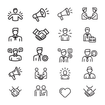 Brand ambassador line icons. Influence people  Megaphone and Representative. Handshake  influencer marketing person  ambassador person icons. Linear set. Vector