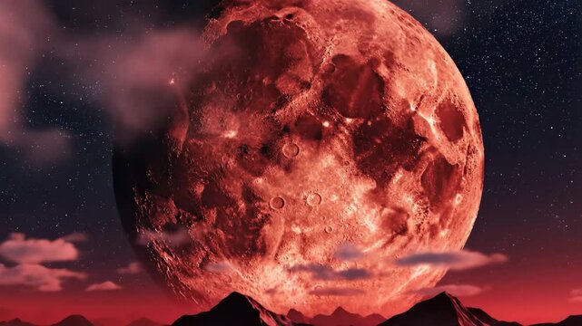 Majestic blood moon rising over snowy mountains and pine forest at night