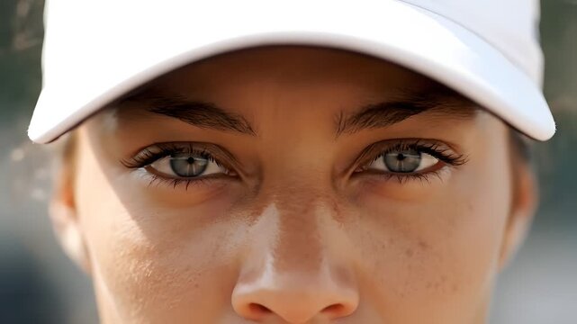 Close-up portrait of a woman's intense gaze wearing a white baseball cap with a blurred background.
