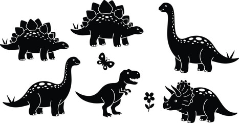 Cute dinosaur silhouettes set including stegosaurus, triceratops and tyrannosaurus, black vector illustration isolated on white background © MDALRAFIN