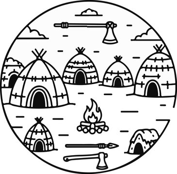 A stylized circular illustration of a village with teepees and campfire