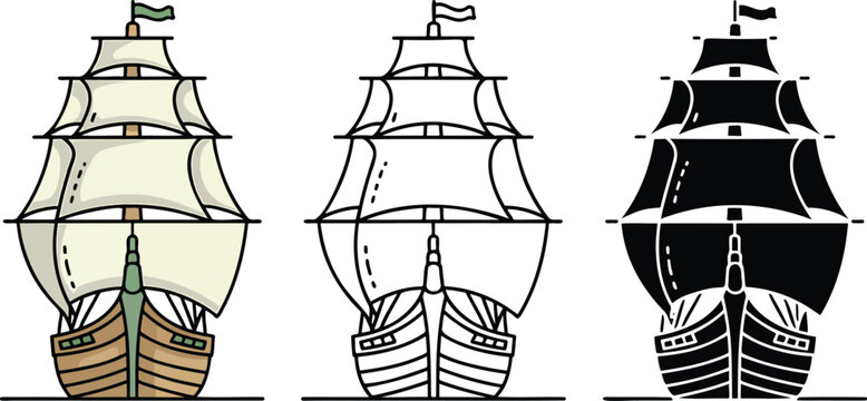 Traditional sailing ship silhouette & Outline and illustration set isolated on transparent background