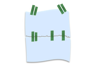Fototapeta premium Torn blue sticky note with green tape on white background