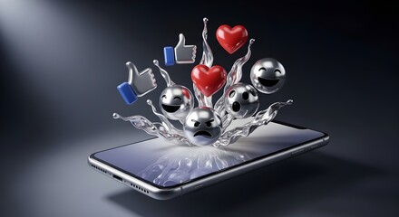 Glossy Floating Social Media Reaction Icons Emerging from Smartphone Screen &ndash; Liquid Chrome, Cinematic Ultra Realistic Render