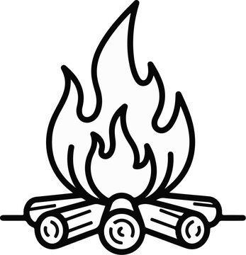A stylized black and white illustration of a campfire with flames and logs
