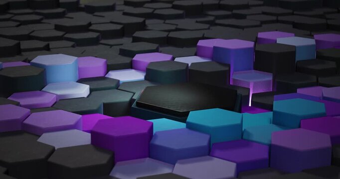 Futuristic 3D animation of a hexagonal grid surface with smooth wave motion and random neon light pulses. Dark matte materials with sss scattering. Ideal for technology, cybersecurity, and big data 