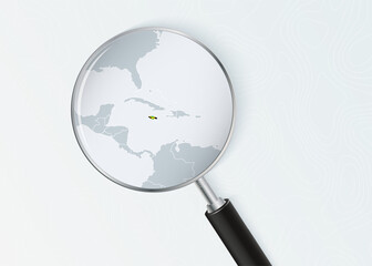 Jamaica Map Under Magnifying Glass with National Flag Overlay.