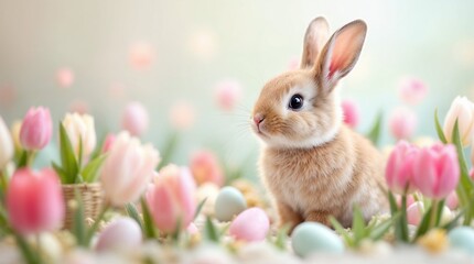 Obraz premium Cute Easter bunny sitting among pastel tulips and eggs. Spring holiday celebration with a fluffy rabbit. Copy space for text