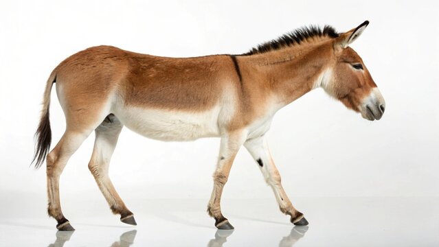 Photorealistic studio portrait of an Onager (Equus hemionus) or Asiatic Wild Ass standing isolated on a clean white background.