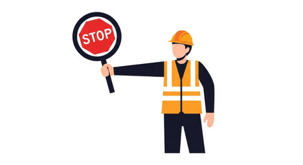 Construction Worker Holding Stop Sign.