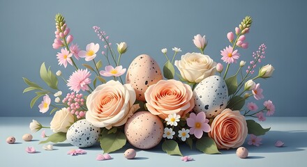 Beautiful Easter arrangement with roses and speckled eggs