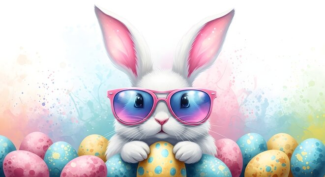 A cute white rabbit wearing colorful sunglasses surrounded by easter eggs on a pastel background