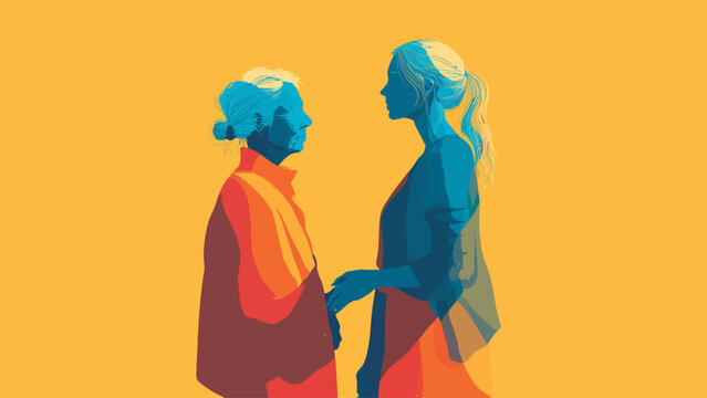 This flat design illustration depicts intergenerational women's support, symbolizing mentorship, wisdom, and continuity across different age groups