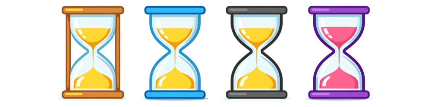 Set of four colorful hourglass timers in varied frames symbolizing time and deadline concepts